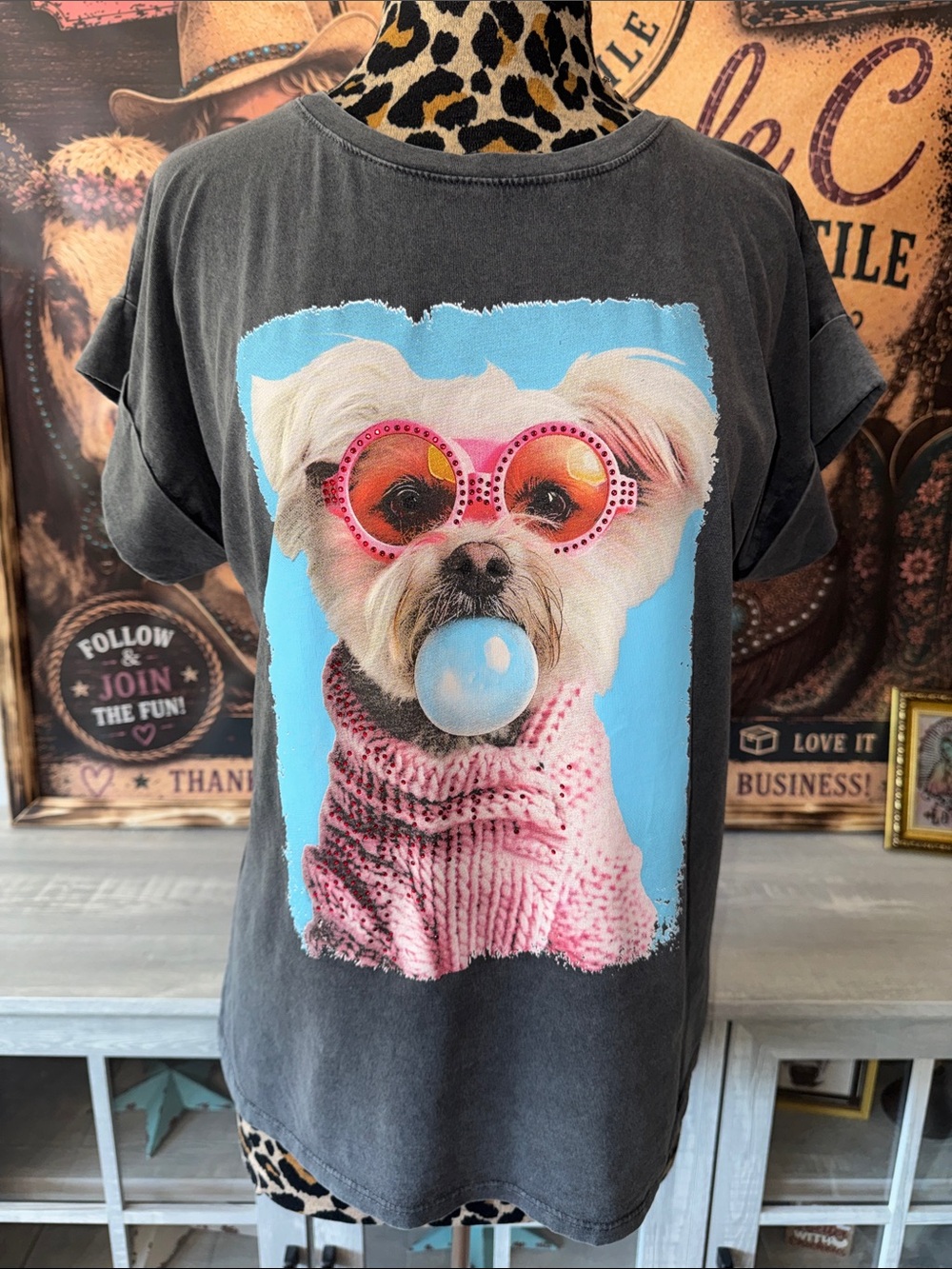 Made In Italy Charcoal Dog Graphic Rhinestone Embellished Cotton Tee Size M/L